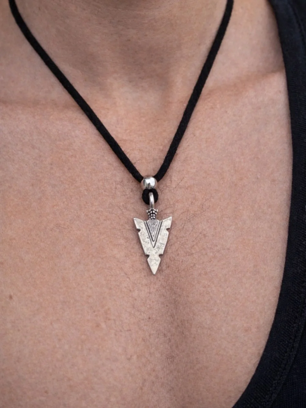 Arrow Pendant Necklace Men Black Cord Necklace Silver Arrowhead Charm Minimalist